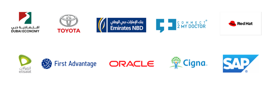 Client logos: Dubai Economy, Toyota, Emirates NBD, Connect 2 My Doctor, Red Hat, Etisalat, First Advantage, Oracle, Cigna, SAP