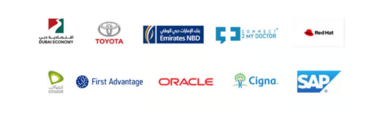 Selected clients: Dubai Economy, Toyota, Emirates NBD, Connect 2 My Doctor, Red Hat, Etisalat, First Advantage, Oracle, Cigna, SAP